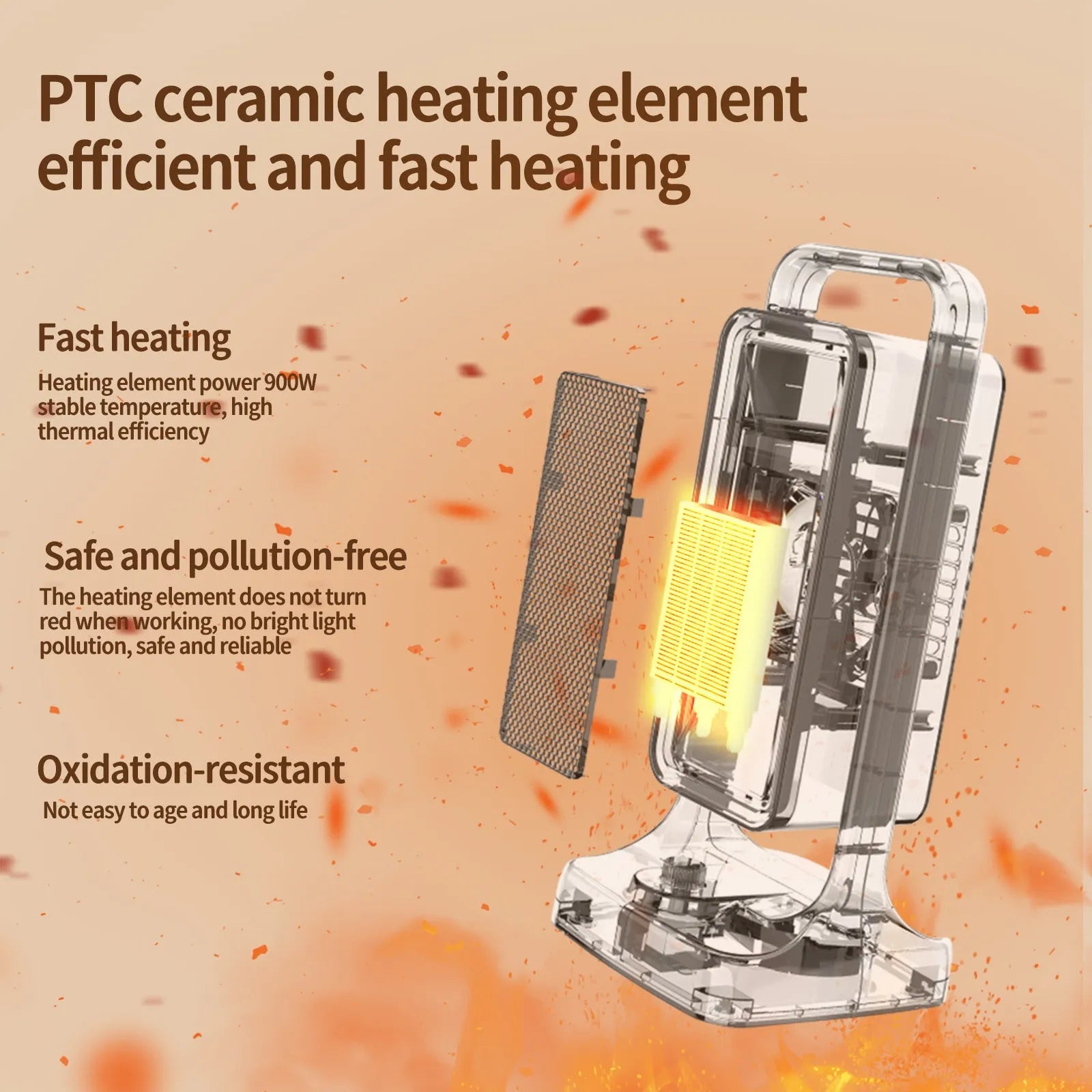 Black desktop PTC ceramic heater with knob control, measuring 14.9cm wide by 33.5cm tall
