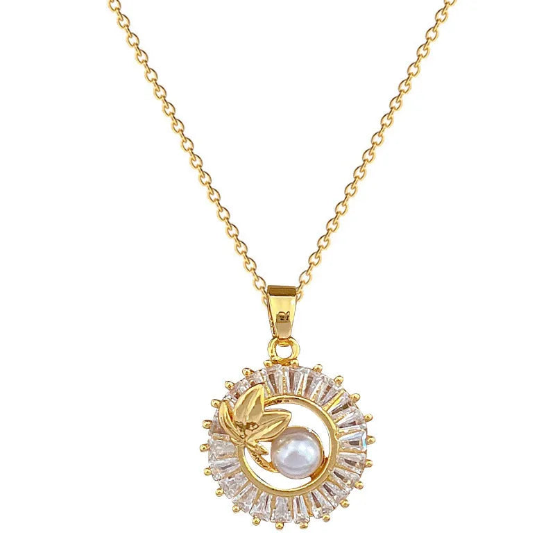 Women's geometric jewellery set with square diamond accents, ring and leaf motif on necklace and matching stud earrings.