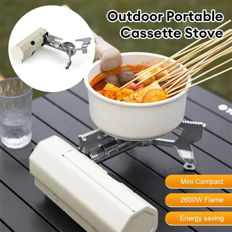 Green portable folding camping gas stove shown open for cooking and folded with its carry bag.