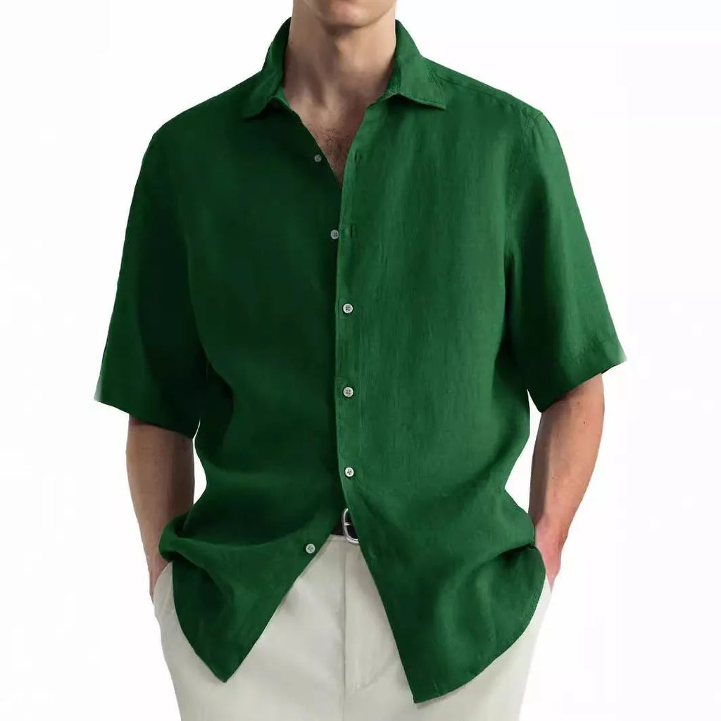 Men's green casual cotton shirt with cardigan style and washed cotton texture