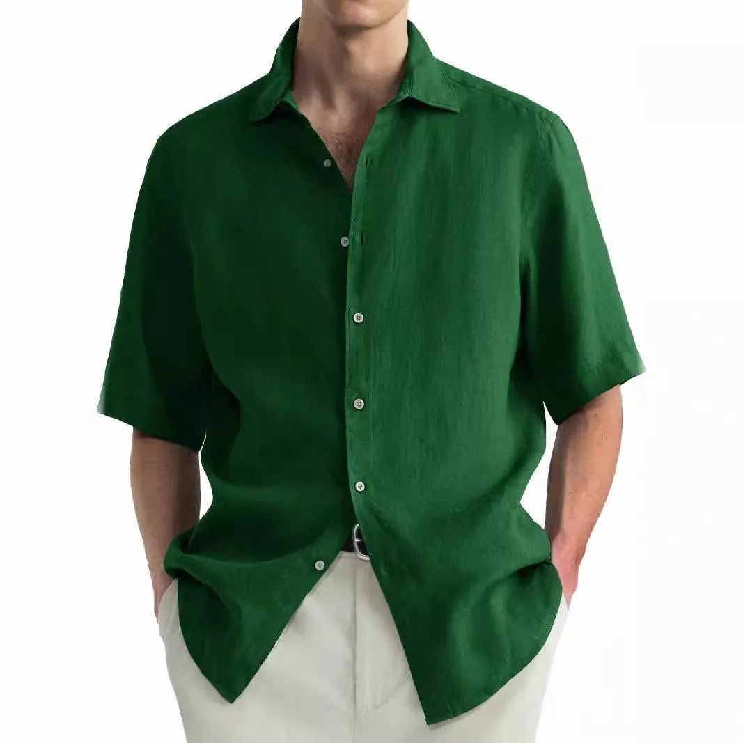 Men's green casual cotton shirt with cardigan style and washed cotton texture