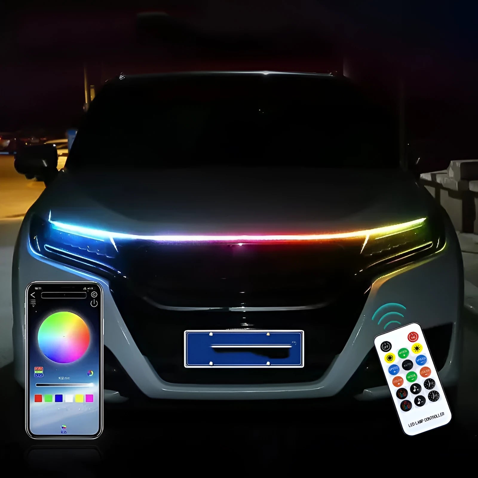 GM vehicle LED interior lighting kit showing flexible PVC strip with 12V connector and app control option