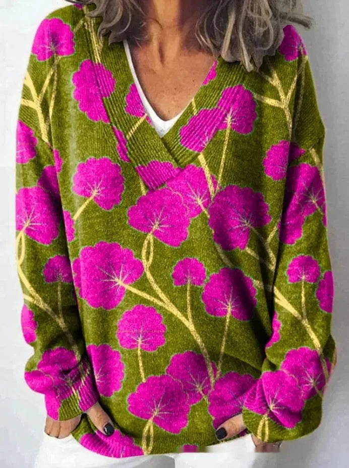Women's V-neck long sleeve sweatshirt with a detailed 3D floral pattern print in an art retro style.