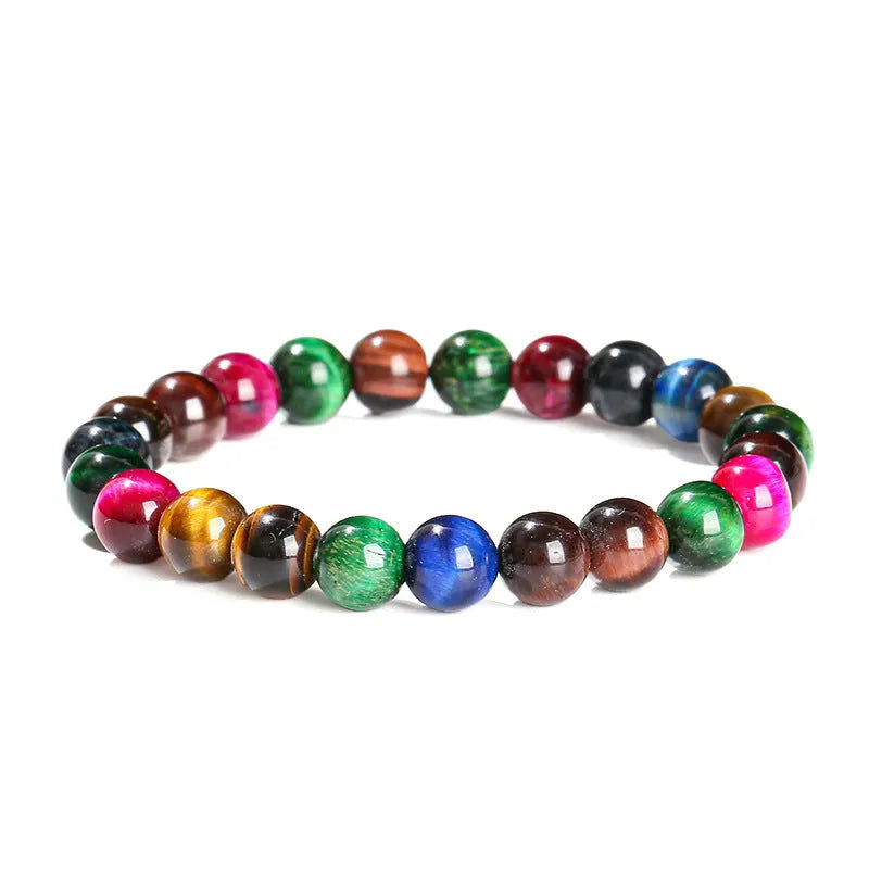 Colourful Tiger Eye stone bead bracelet with mixed string in geometric round design