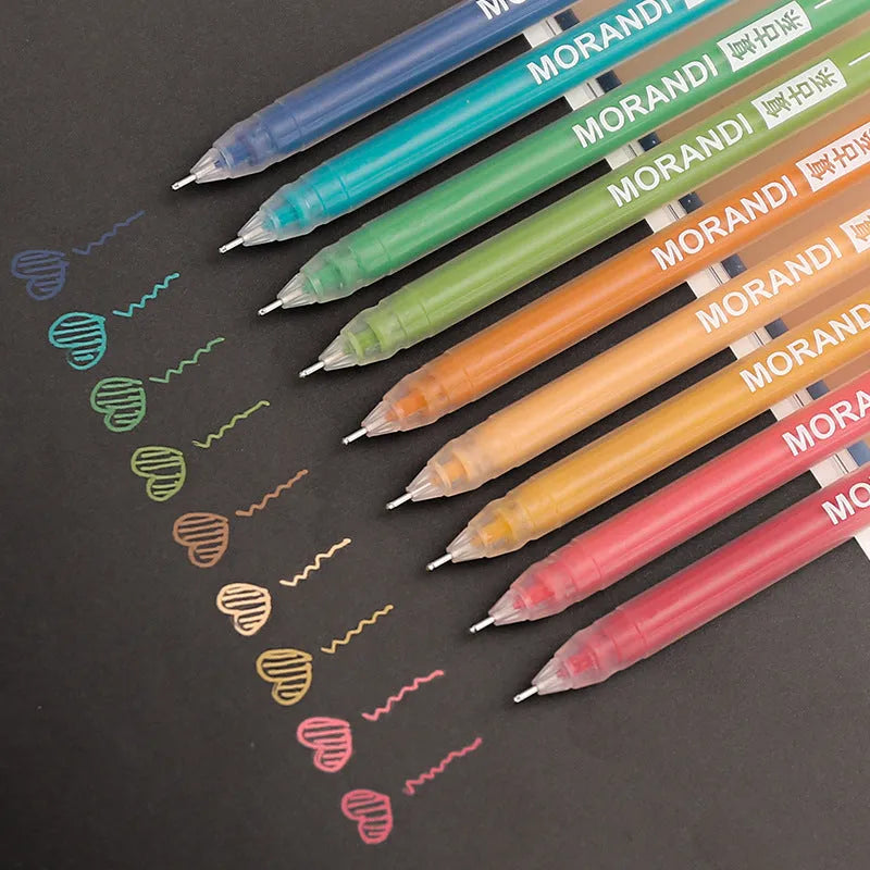Set of nine retro colour gel pens with 0.5mm needle tips in plastic barrels