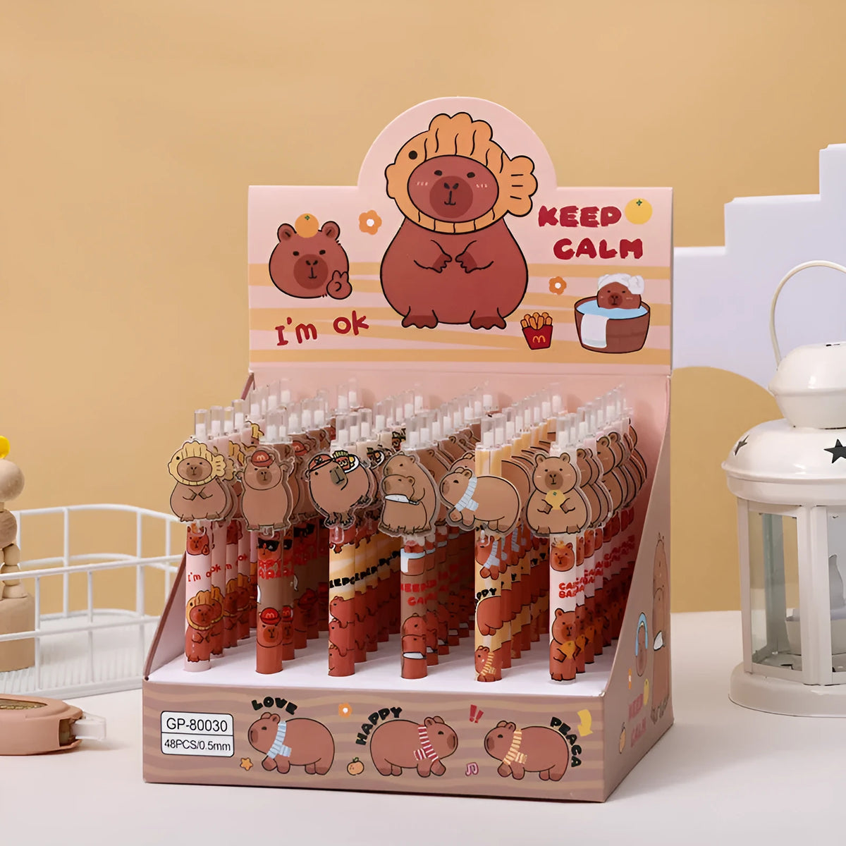 Box containing 48 cartoon bear decorative gel pens with plastic shells and carbon black ink