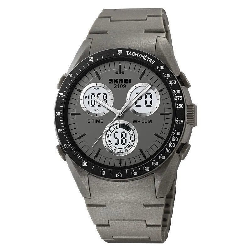 Electronic casual watch with camouflage pattern, resin crystal, and stainless steel button on TPU strap