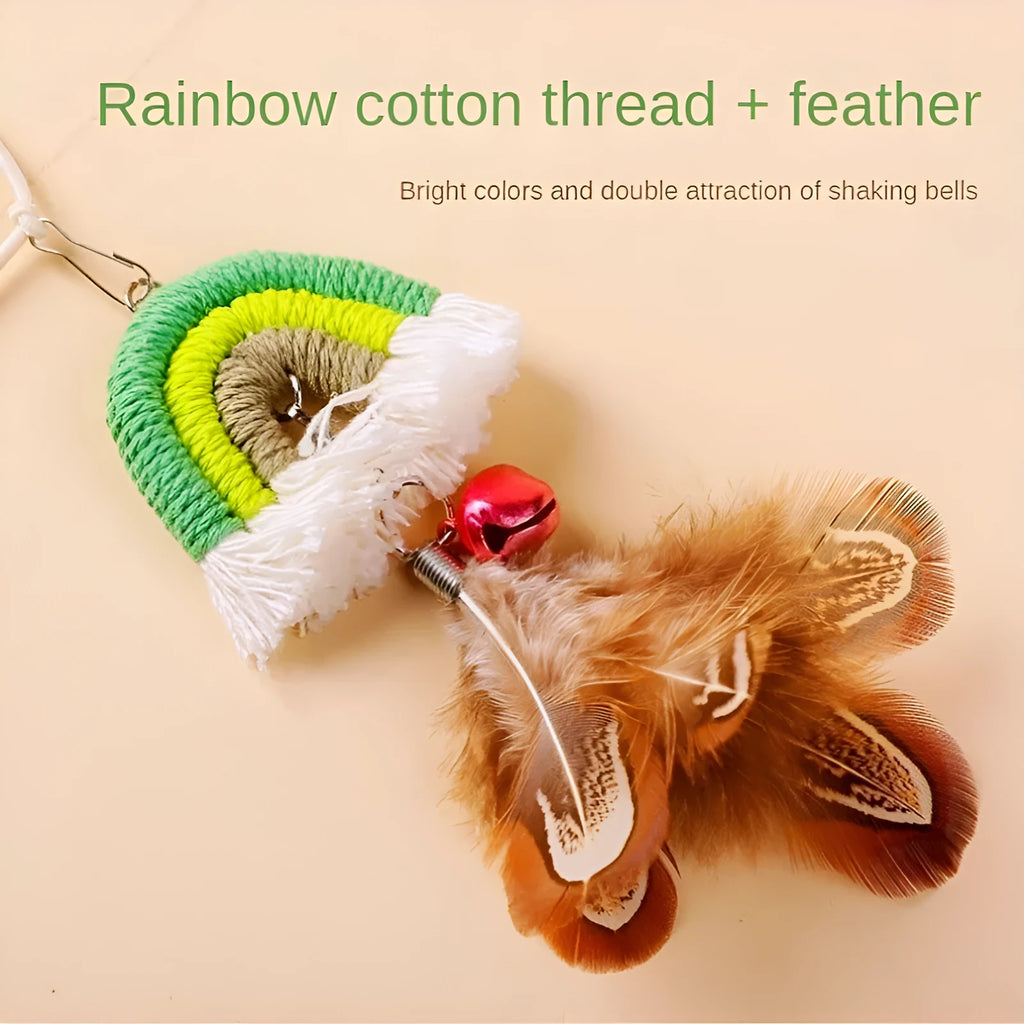 Blue feather cat rope door swing toy with elastic cord and sticky buckle clamp attached to door