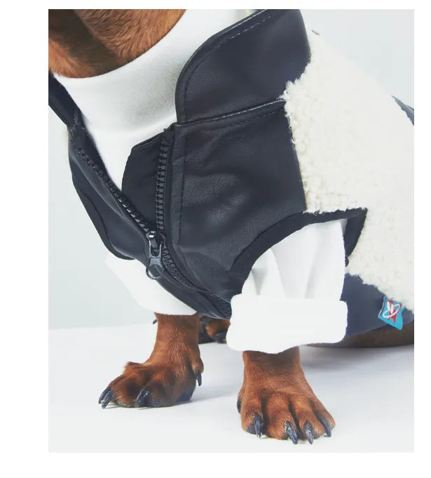 Small leather pocket pet coat for cats and dogs in lambswool and lamb fleece, black colour, side view showing pocket