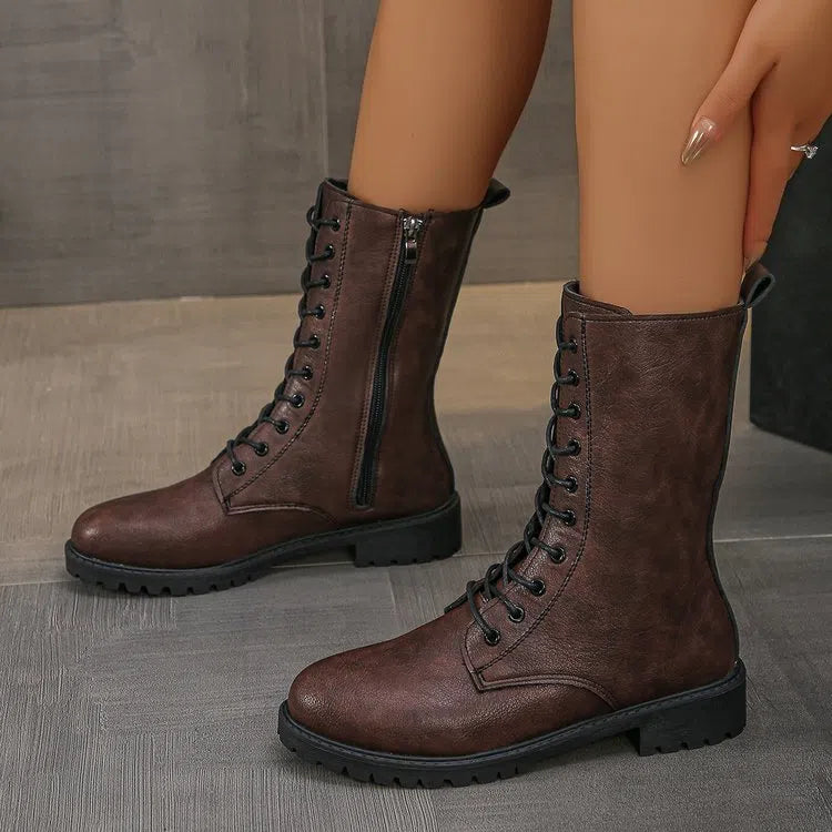Women's flat mid-calf lace-up boots in brown with hollow design and lace-up front