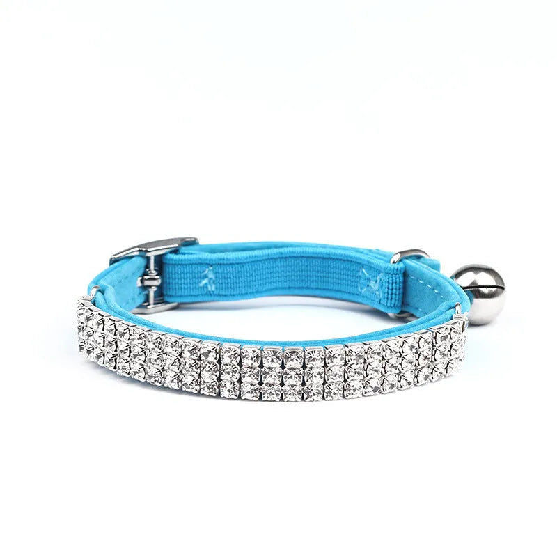 Suede cat collar with rhinestones in five colours, adjustable from 20cm to 30cm length