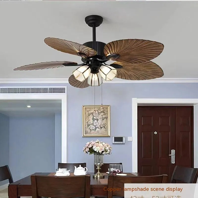 Retro ceiling fan light with wooden blades and three copper lampshades hanging from ceiling