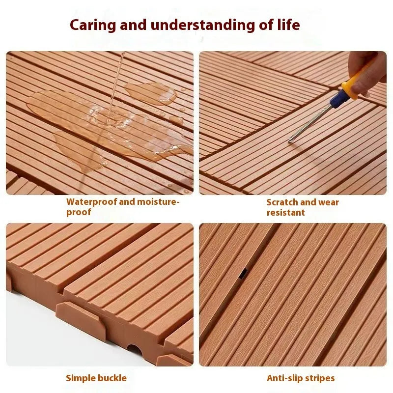 Pack of ten brown wood grain patterned plastic interlocking floor tiles