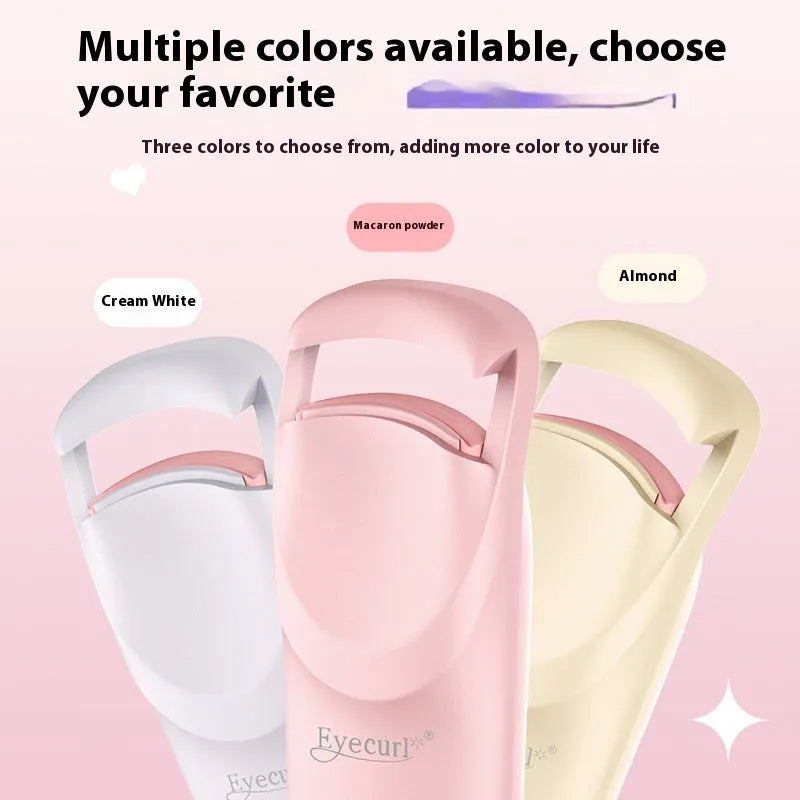 Electric USB-powered eyelash curler in cream white, maca pink, or vanilla apricot colour on a plain background