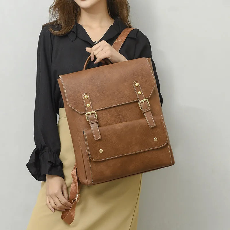 Korean style retro backpack in soft PU material showing ventilation features
