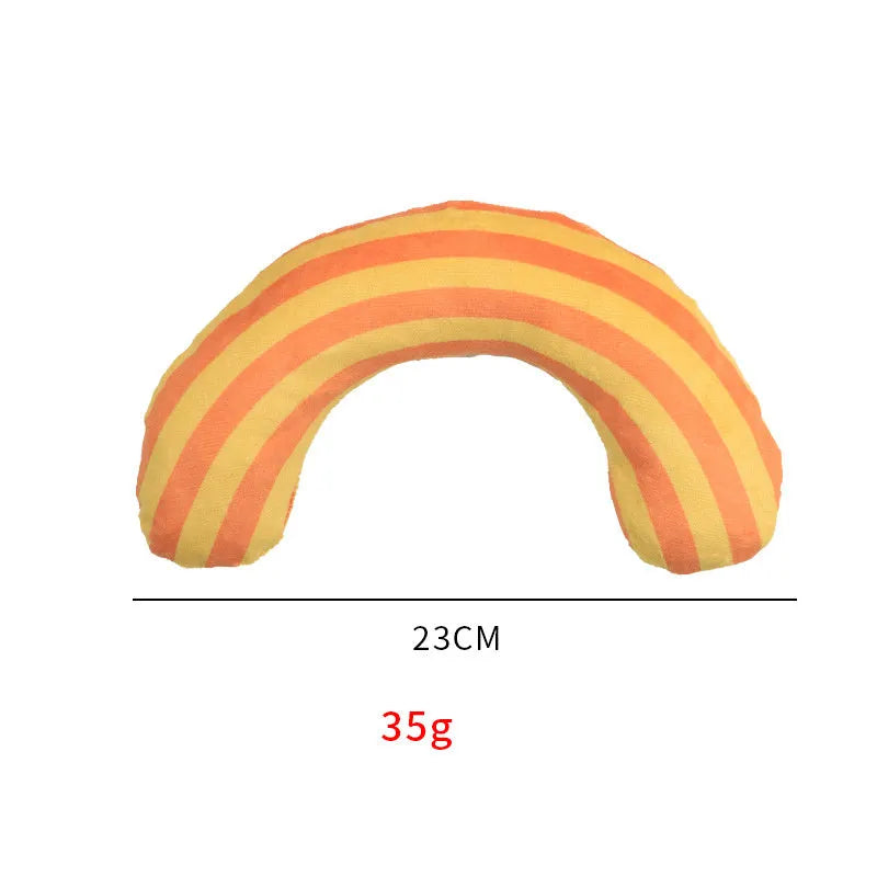 Cat toy set showing noise-making toy with catnip strip and striped pattern cat pillow in green, rainbow, or yellow