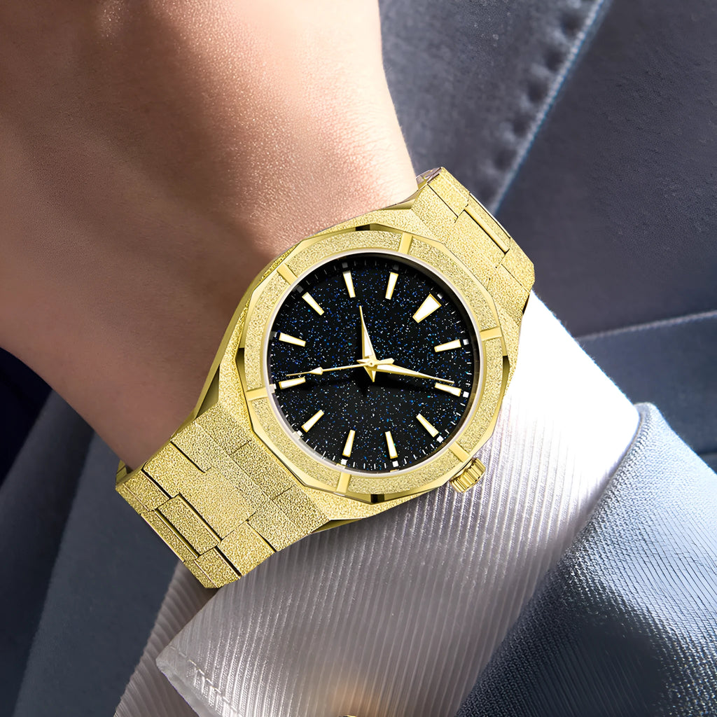 Men's business watch with frosted stainless steel case and luminous markers in silver colour