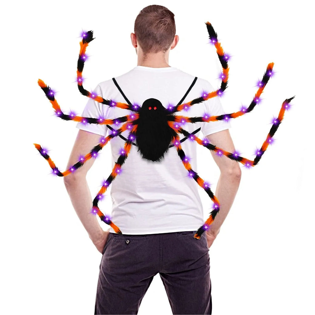 Halloween spider backpack with LED lights in plush construction showing orange purple light colour variant