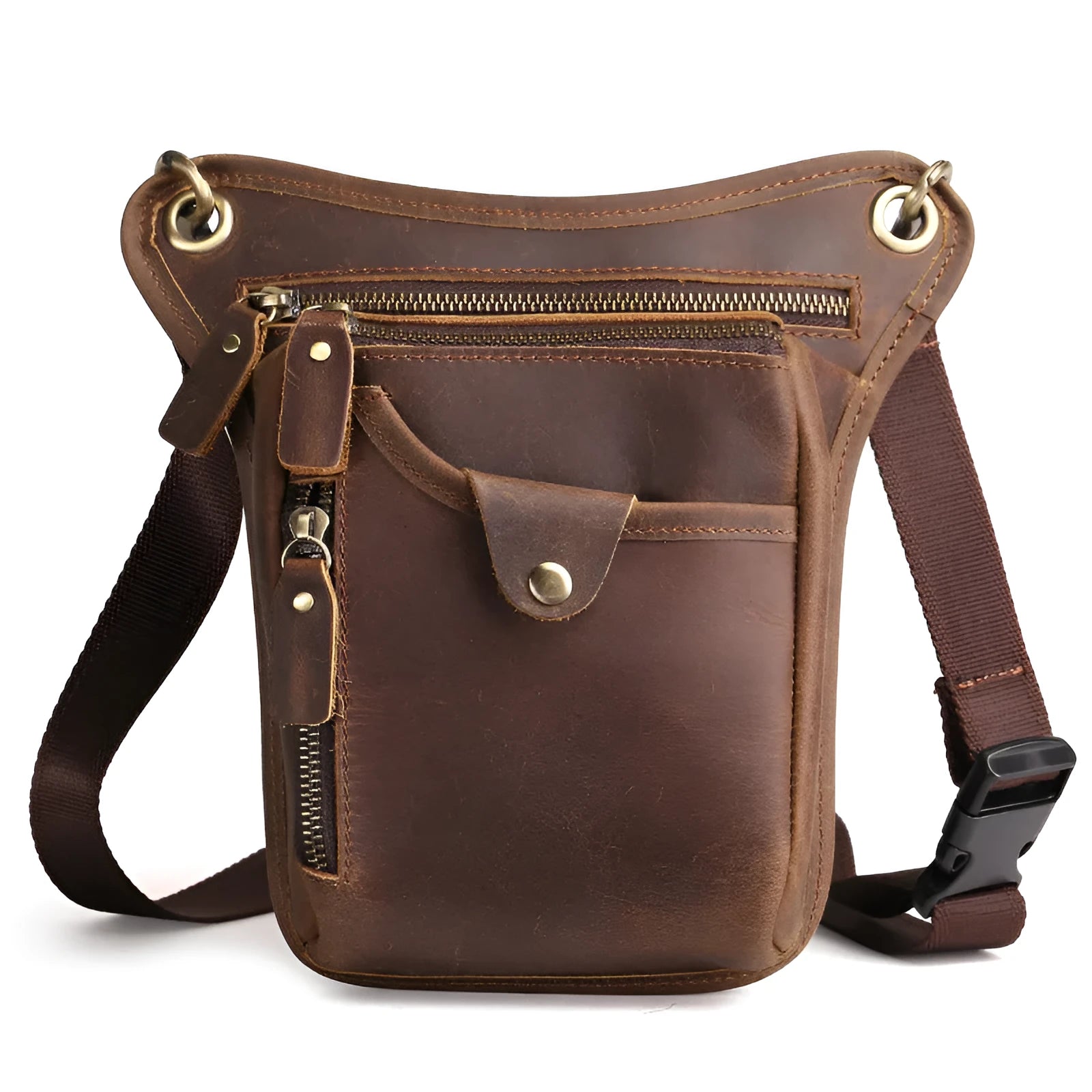 Men's brown crazy horse leather retro satchel bag with antique metal hardware