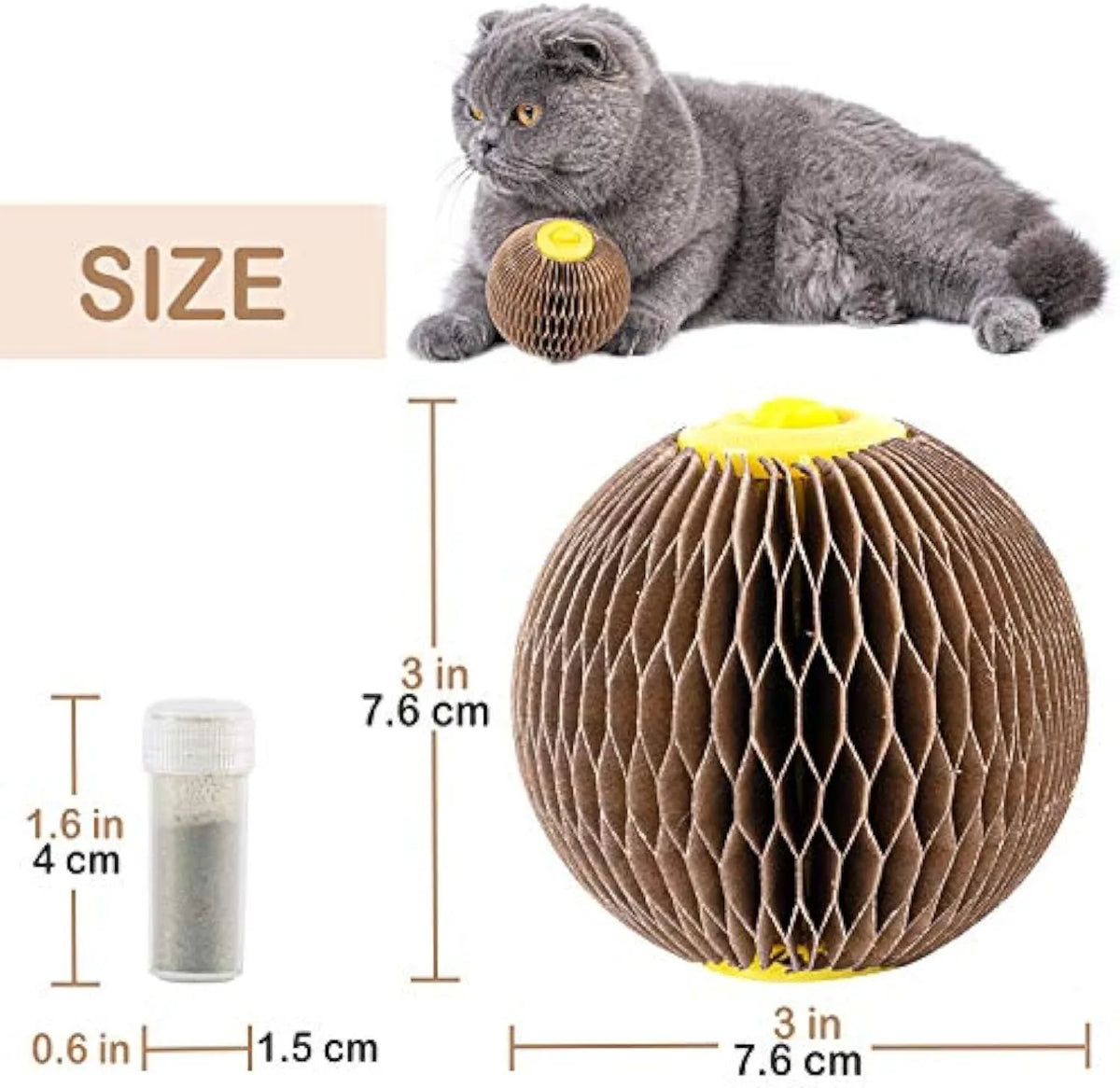 Brown refillable catnip ball toy for cats, 76mm corrugated paper scratcher with natural catnip