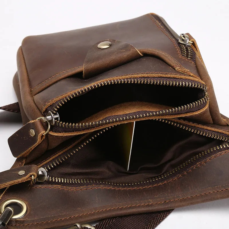 Men's brown crazy horse leather retro satchel bag with antique metal hardware