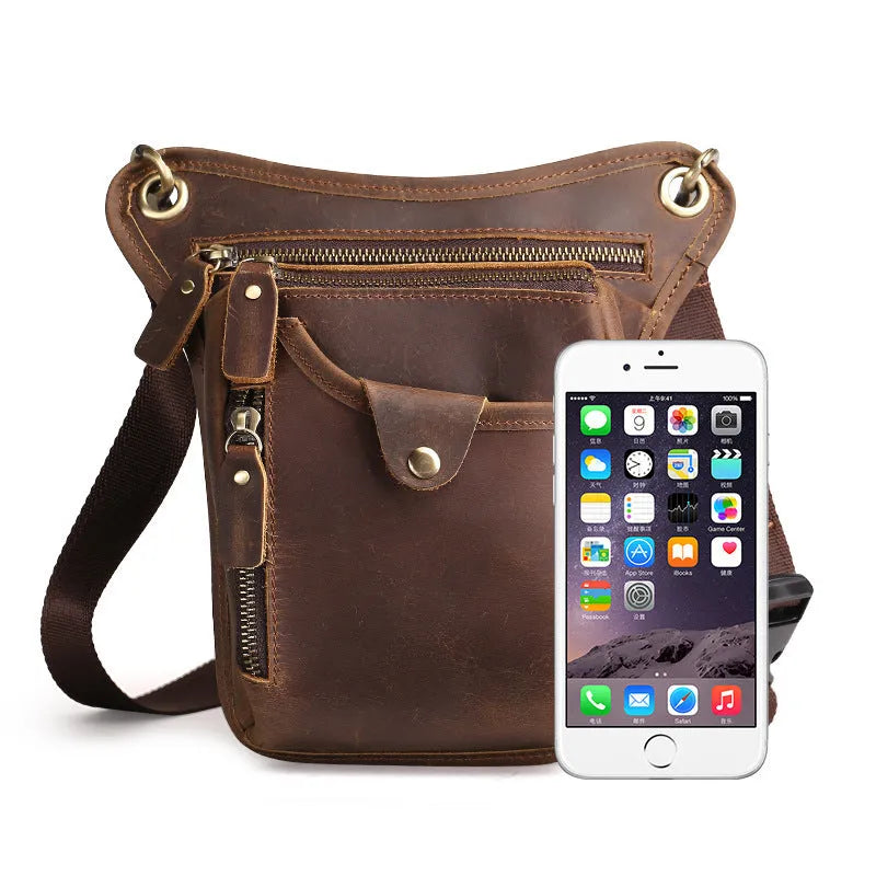 Men's brown crazy horse leather retro satchel bag with antique metal hardware