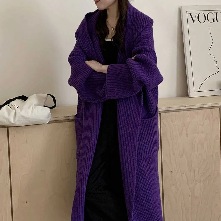 Women's loose hooded cardigan coat in acrylic knit fabric with 80cm length