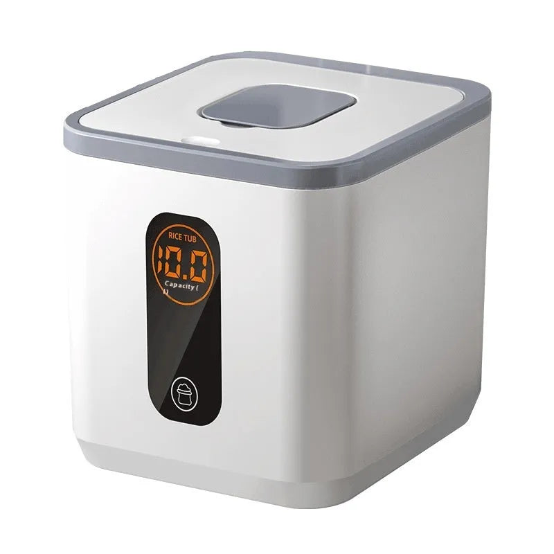 Grey plastic sealed rice storage jar with lid and a measuring cup, shown in three size options.