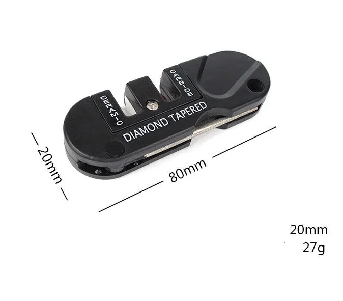 Pocket Pal knife sharpener in black with diamond rod, carbide blades, and ceramic stones open for use