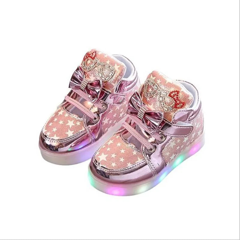 LED shoe magic button in golden with illuminated light, for children's shoes sizes EU 21-30