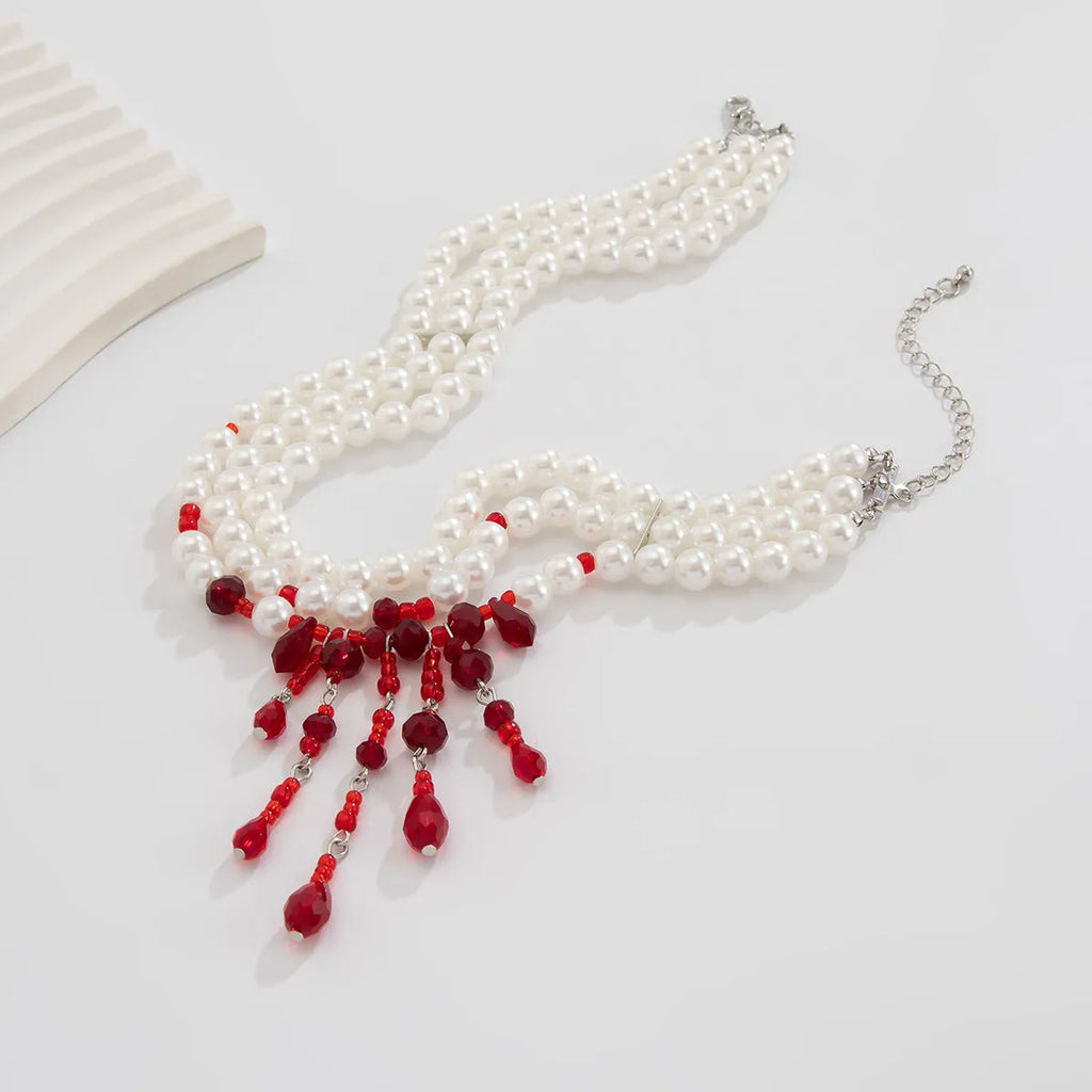 Men's geometric blood drop necklace with crystal and imitation pearl on adjustable chain in red and black colour option