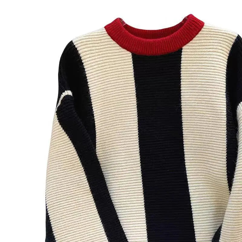 Women's striped cashmere wool sweater with contrast colours in Japanese Korean casual style