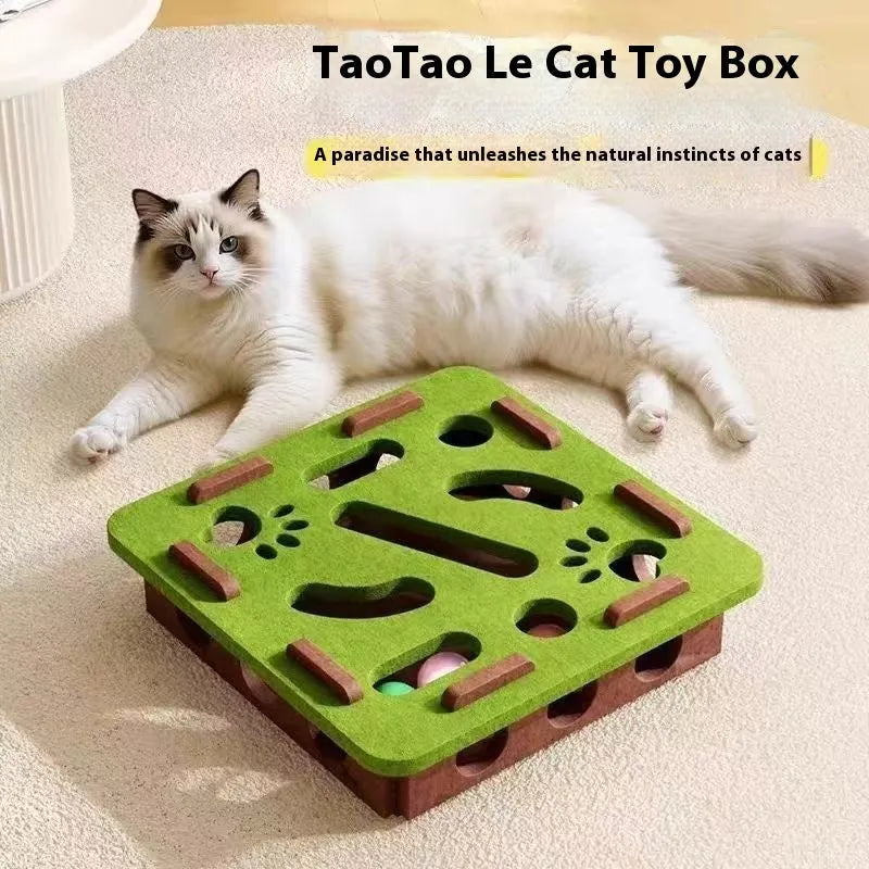 Square felt cat toy puzzle box 30cm with multiple holes in green brown colour