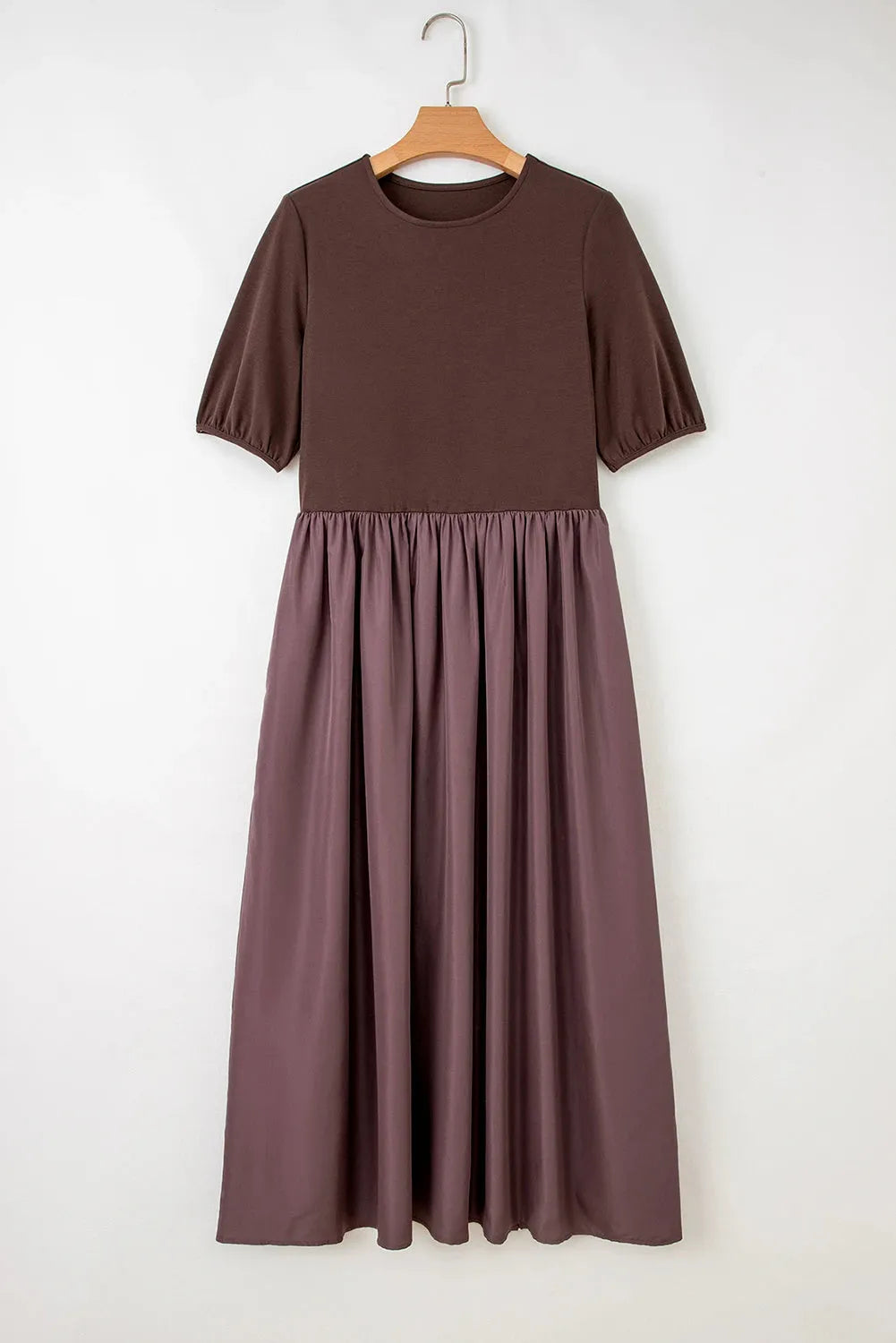 Women's short sleeve knitted patchwork dress in coffee with high waist and mid-length skirt, sizes S to XL