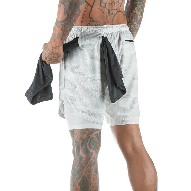 Men's 2-in-1 running shorts with quick-dry fabric, double-deck design, and multiple pockets in black