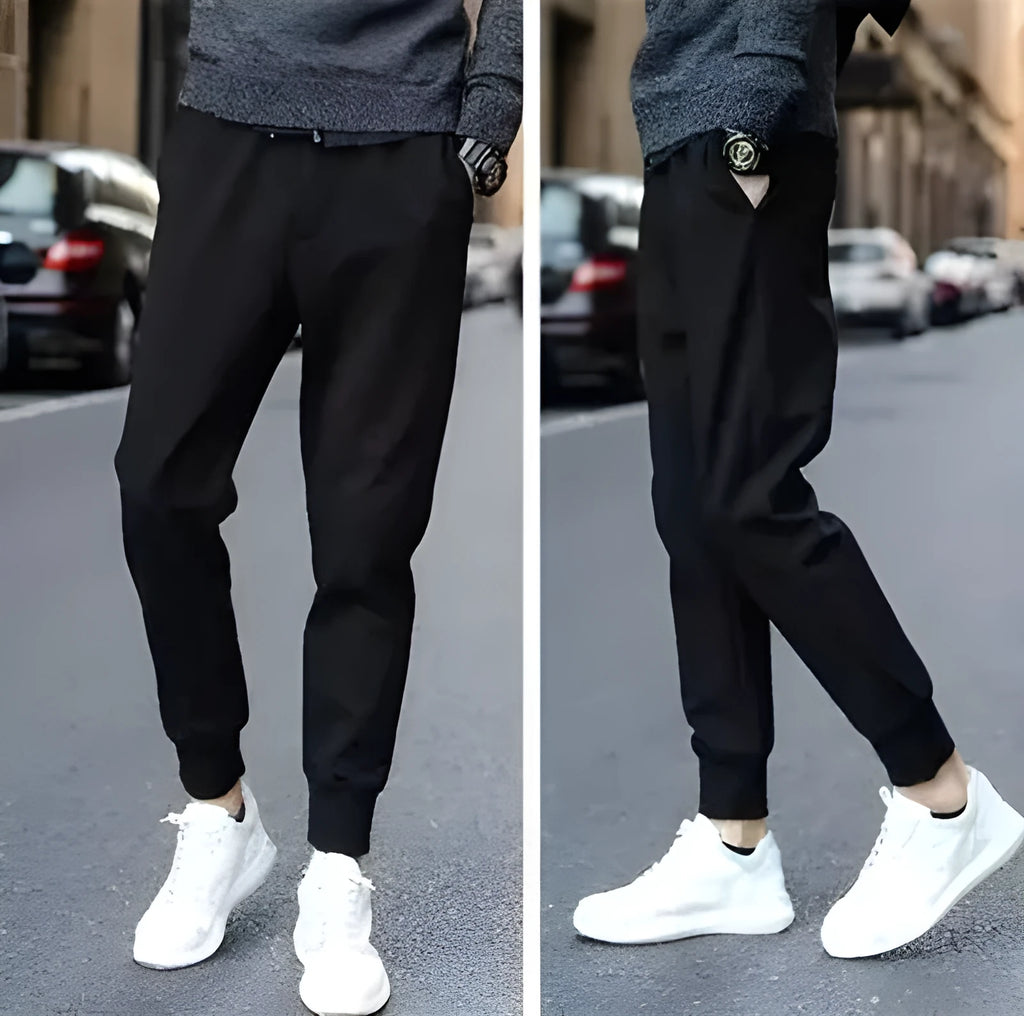 Black casual sports trousers with straight leg and tether closure, front view