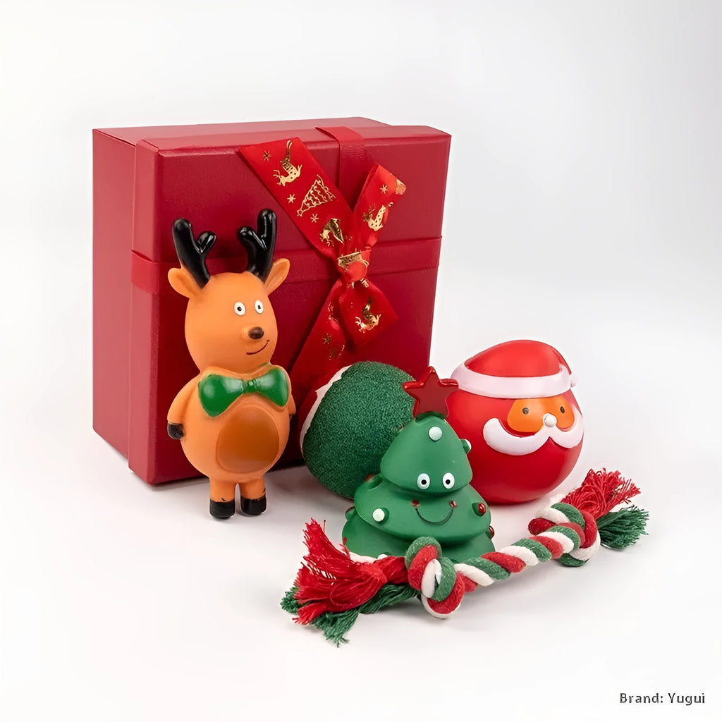 Christmas dog toys set with vinyl Christmas tree, bite rope, tennis ball and Santa toy for pet play
