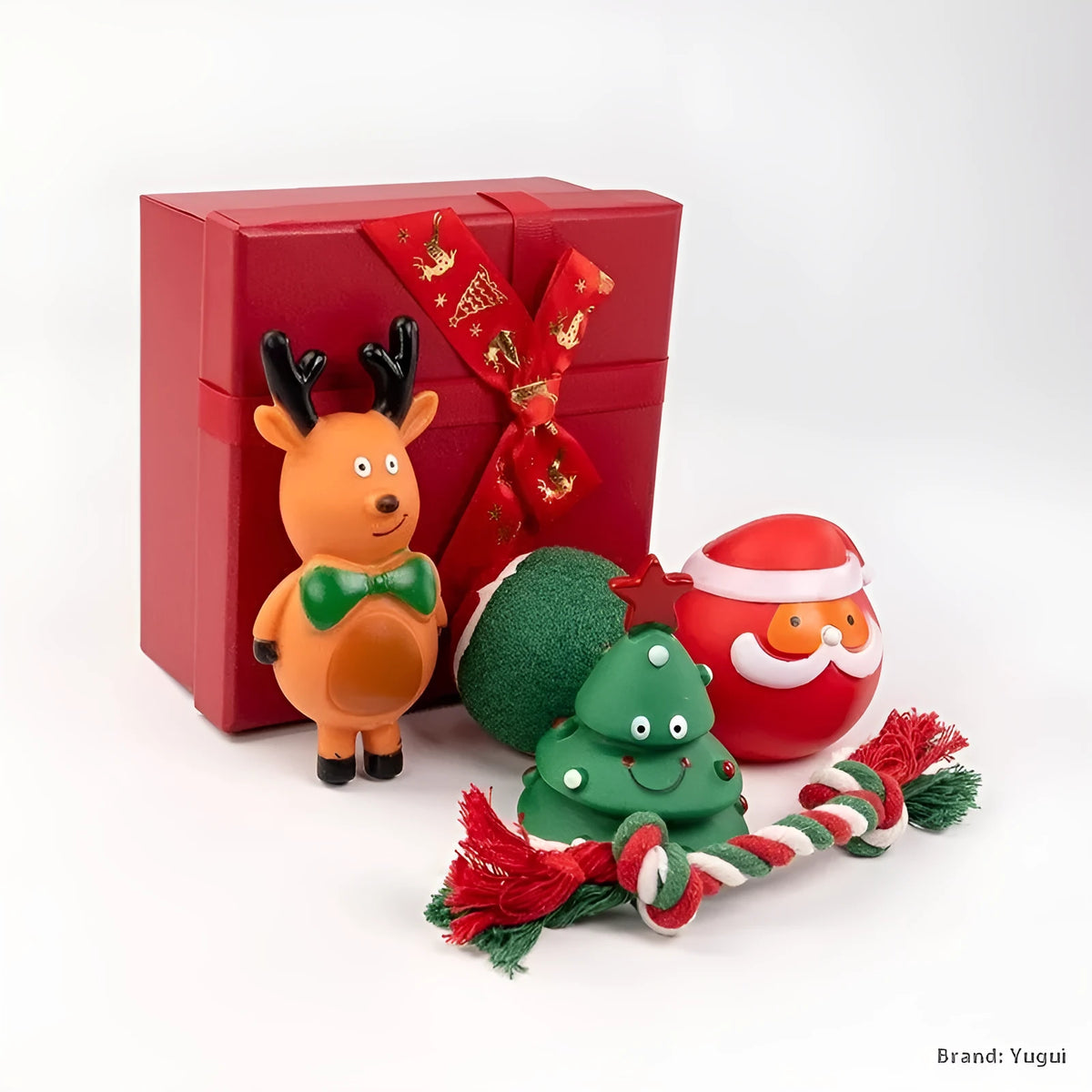 Christmas dog toys set with vinyl Christmas tree, bite rope, tennis ball and Santa toy for pet play