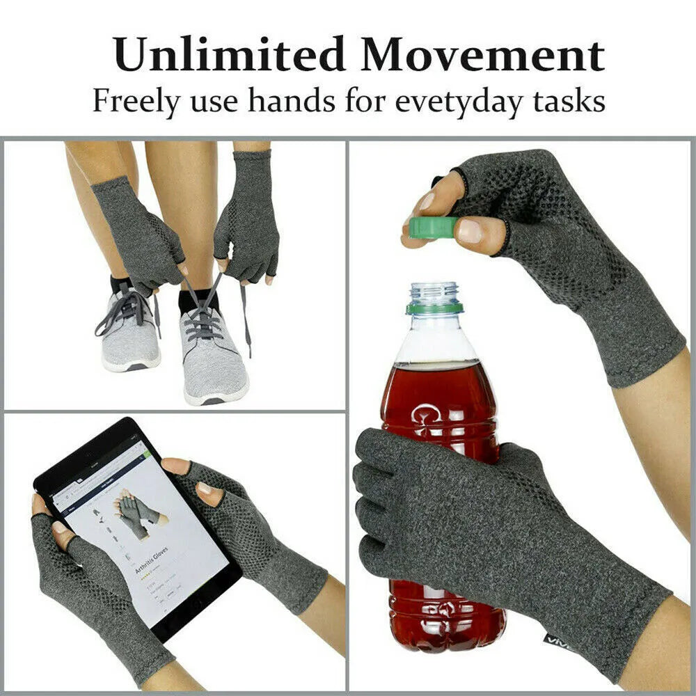 Grey half finger joint compression gloves with anti-slip texture on a flat surface.