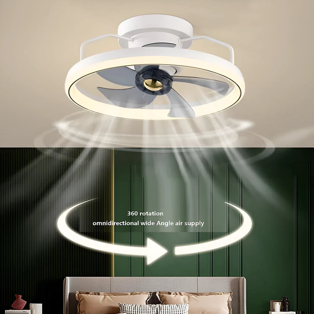 Modern ceiling fan lamp with light showing white finish and acrylic shade