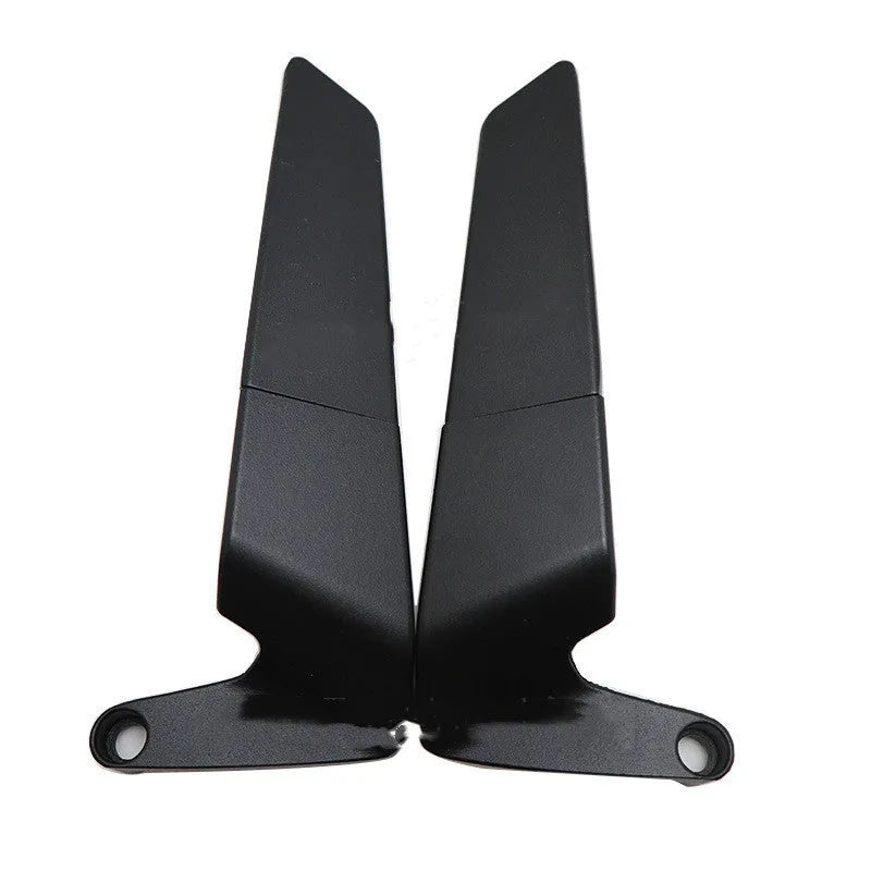 Pair of black universal motorcycle rearview mirrors with spoiler style, aluminium alloy housing and glass lens
