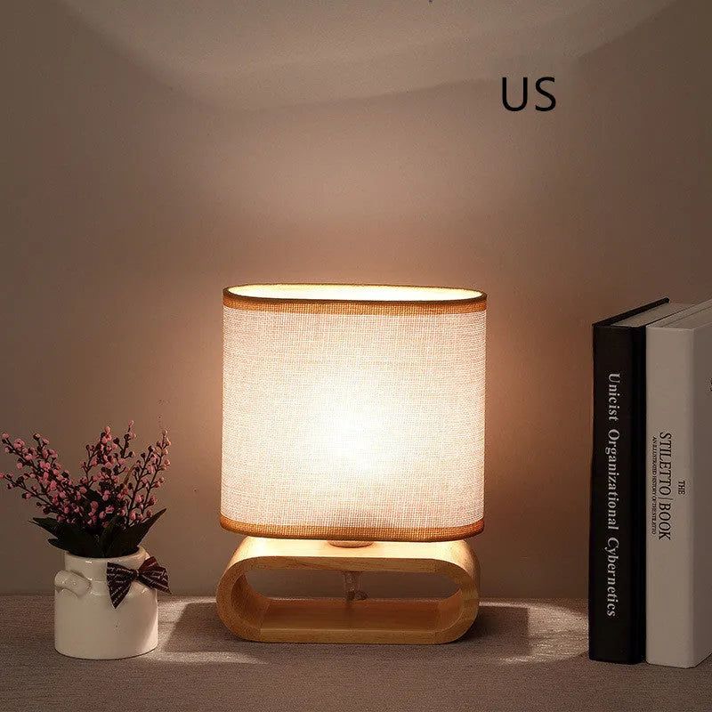 Nordic Japanese bedside table lamp with rubber wood holder, 170mm diameter, 230mm height, natural wood finish