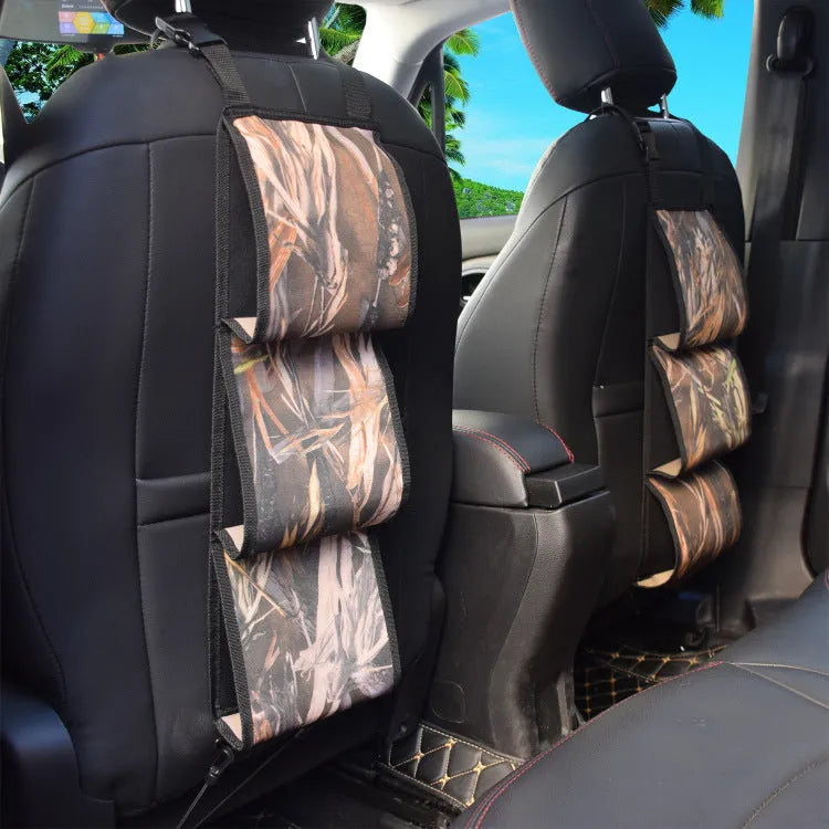 Black car gun hanging bag made of 600D Oxford cloth attached to front seat back with open dimensions 52x18cm