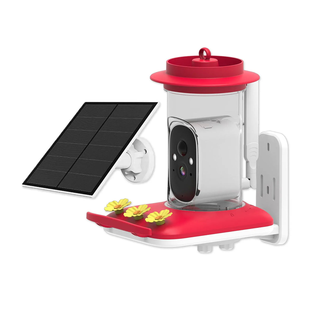 Red intelligent visual hummingbird feeder with 5MP HD camera, solar panel, honey container, straps and bracket