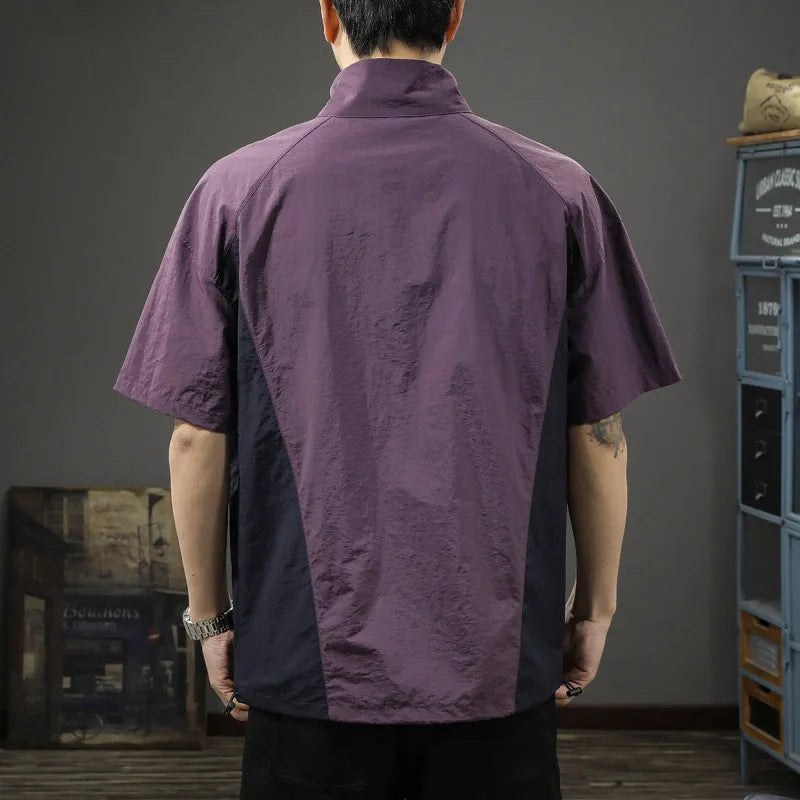 Men's brown half zip stand collar shirt with short sleeves and loose fit for summer business casual wear