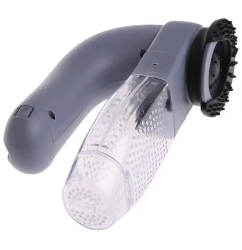 Grey portable electric pet hair vacuum cleaner with soft rubber grooming head.