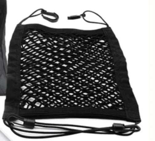 Black nylon car seat storage net pocket between front seats, 27x39x10cm universal fit