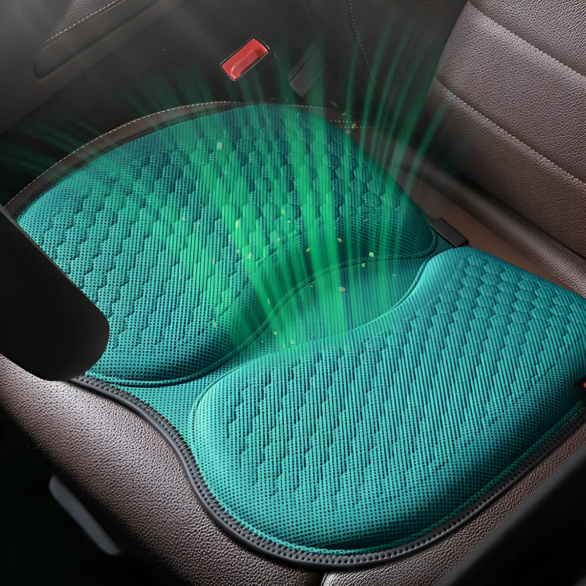Honeycomb gel car seat cushion, 40x35x2cm, breathable cold pad, shown in six colours including black and brown.