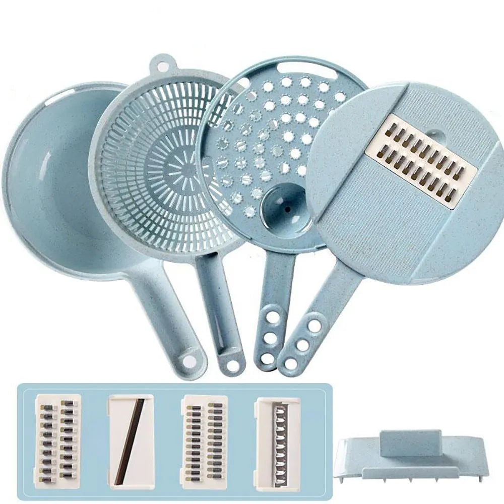 8 in 1 mandoline slicer with stainless steel blades, drain basket, container, and hand protector, blue or pink