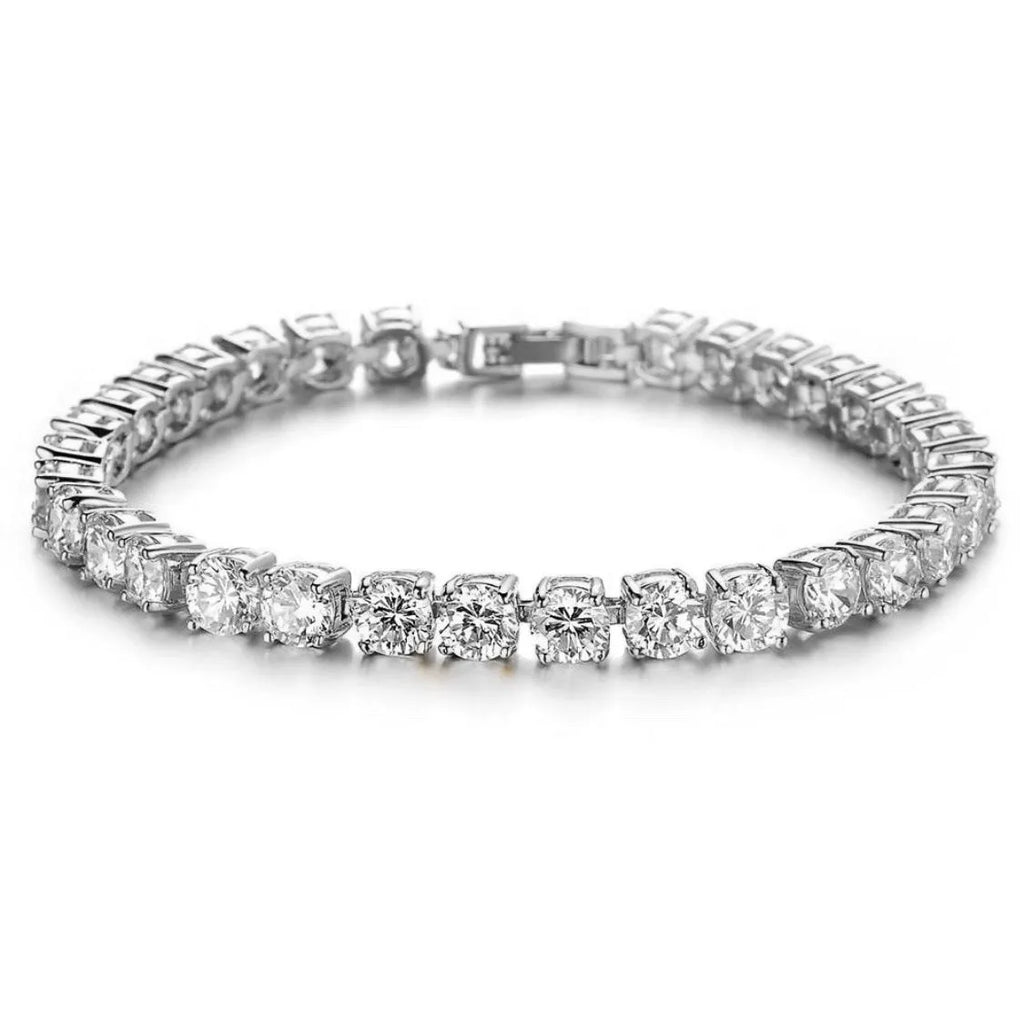 Men's silver hip hop bracelet with single row iced out rhinestones on chain link geometry design